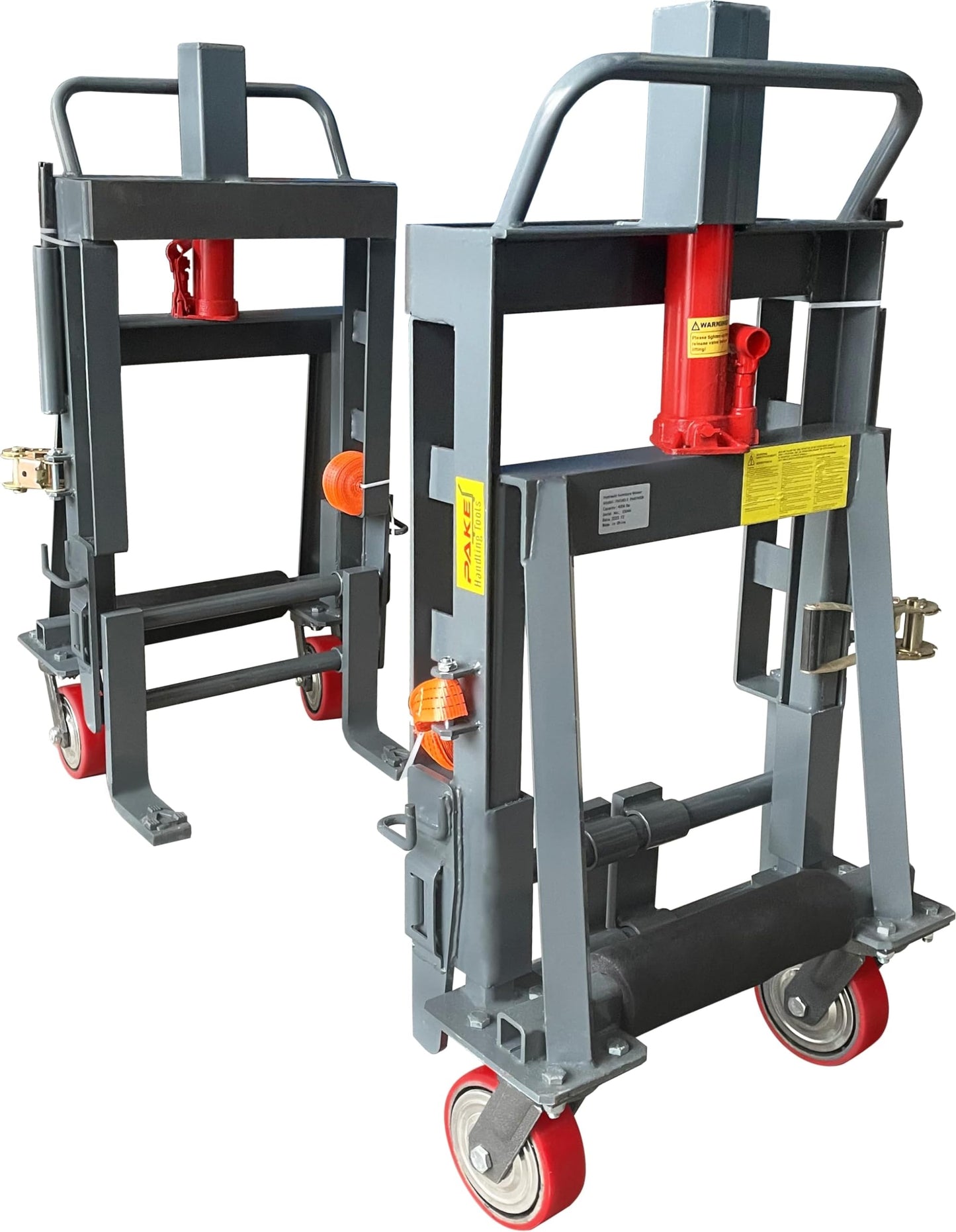 4,000 LB. Cap-PHT Hydraulic Machinery & Equipment Mover with Adjustable Forks (4.5" to 19" Width), 2 Swivel PU on Steel Wheels (5.85" x 2"), 2 Straps (16 feet Each).