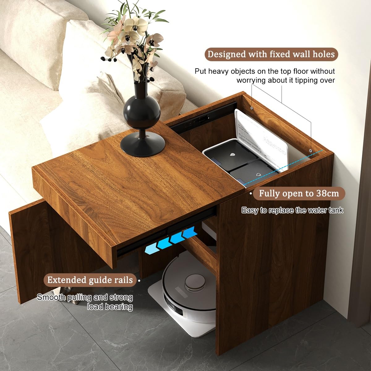 Nordivo Robot Vacuum Stand Cabinet,Storage Cabinet with Doors for Robot Vacuum Cleaner,End Side Table for Home Office,Wood Freestanding Rack for Living Room Home Office Kitchen(Black)