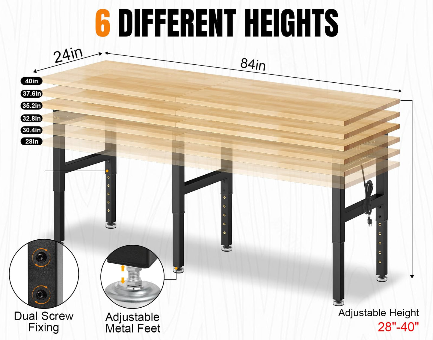 MUWOOD 84” Adjustable Height Workbench, 5000 LBS Heavy Duty Table Rubber Wood Workstation with Power Outlet & Pegboard for Garage, Office, Workshop, Home,Commercial