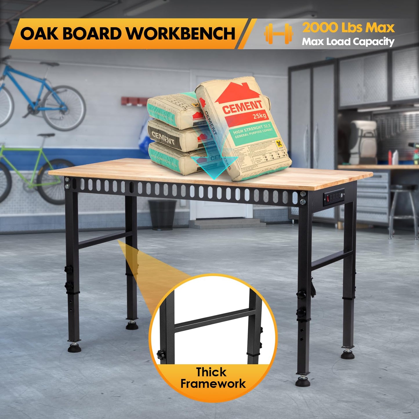 48" Height Adjustable Workbench, 2000 LBS Load Capacity Rubber Wood Top Workstation with Power Outlet and Foot Pads, Heavy-Duty Hardwood Worktable for Garage Workshop (with Foot Pads and Socket,48'')