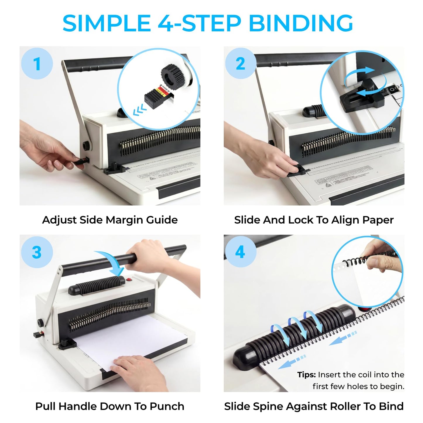 Spiral Binding Machine with Electric Coil Inserter, 20-Sheet Manual Punch, 4:1 Pitch, 46 Fully Disengageable Pins for Versatile Binding - Binds up to 500 Sheets - Includes 100 Coils & Crimping Pliers