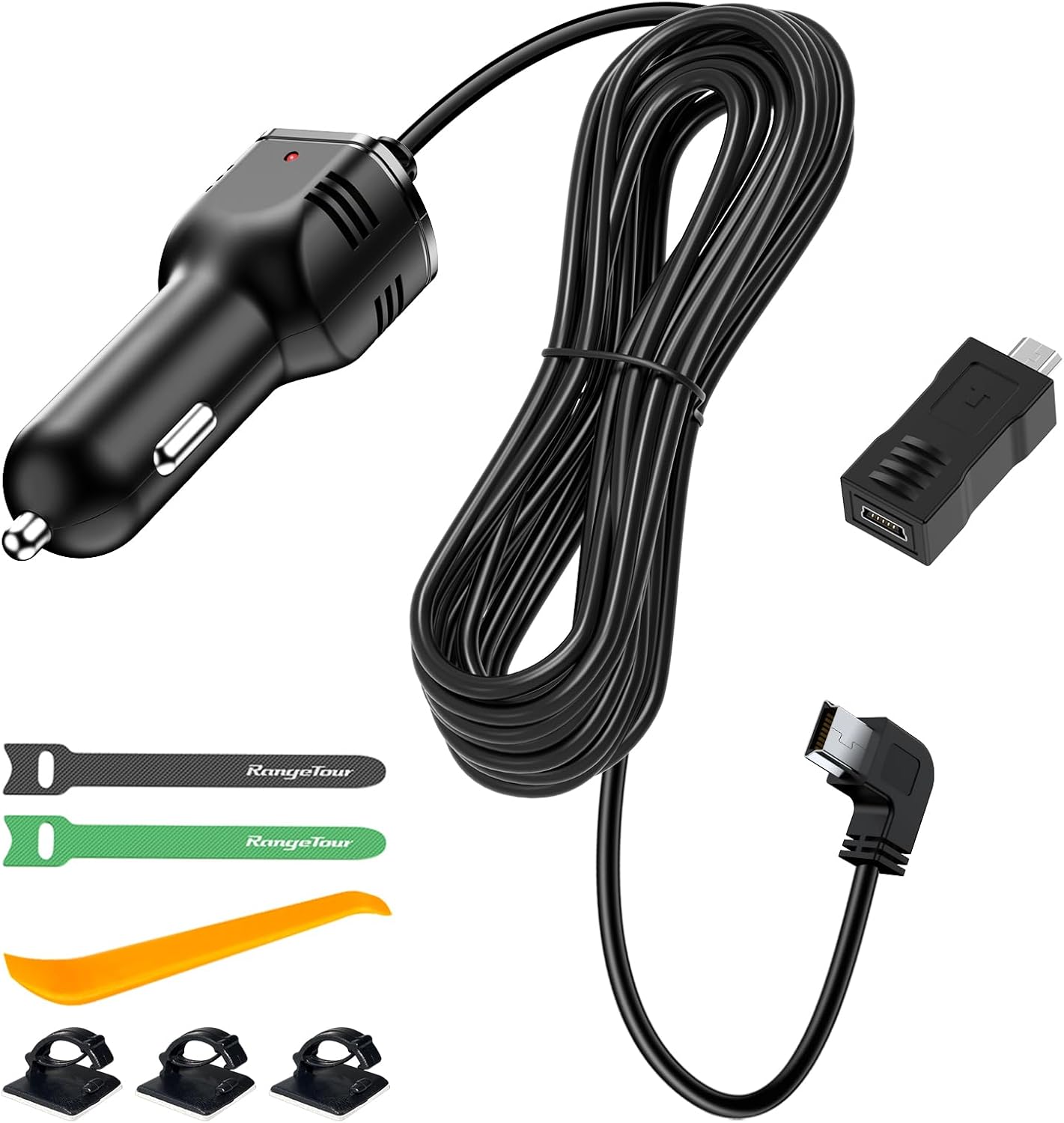 Range Tour 4m/13.12ft 12V/24V DC5V 3A Dash Camera Car Charger, Mini USB and Micro USB Interfaces, L-Type Driving