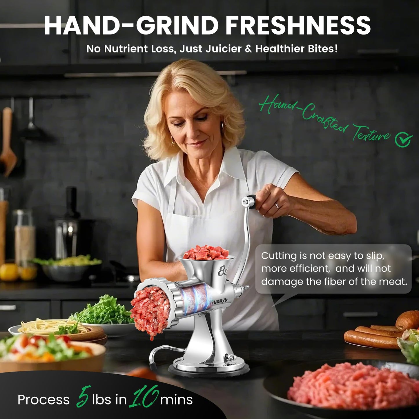Huanyu Manual Meat Grinder - Heavy Duty Stainless Steel, Effortless Hand Crank for Fresh Ground Beef, Sausages & Pet Food - Compact, Dishwasher Safe - Perfect for Home Restaurant & Outdoor