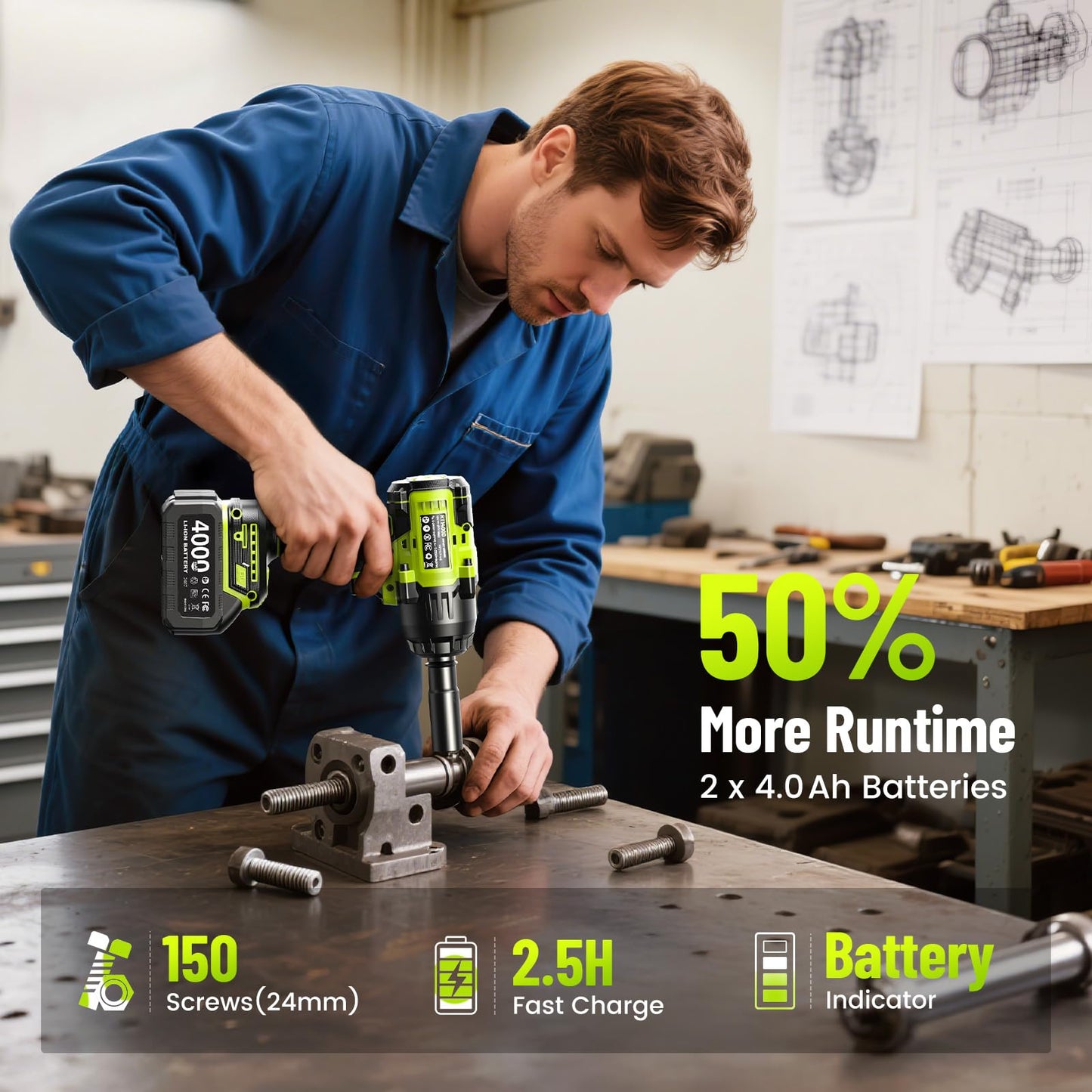 Robustrue 1600N.m (1180ft-lbs) Cordless Impact Wrench, 1/2 High Torque Brushless Impact Gun, 2400RPM Power, 2 x 4.0Ah Batteries, Fast Charger, Impact Wrench for Heavy Duty Truck RV Mower