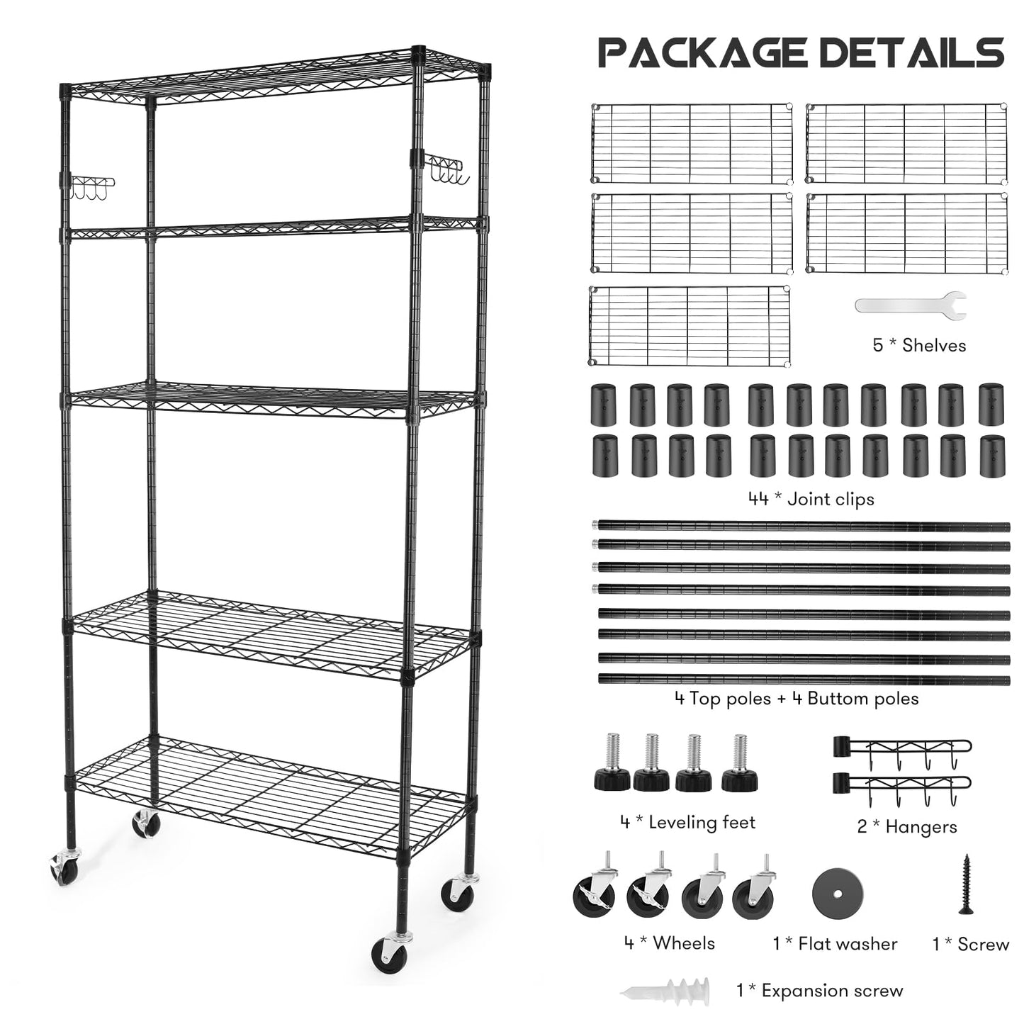 YNN Storage Shelves,1750Lbs 5 Tier Heavy Duty Metal Rolling Shelving Unit with Wheels & 8 Hooks, Adjustable Garage Wire Rack for Kitchen, Bathroom,Industrial,Pantry(36" W x 14" D x 72" H,Black)