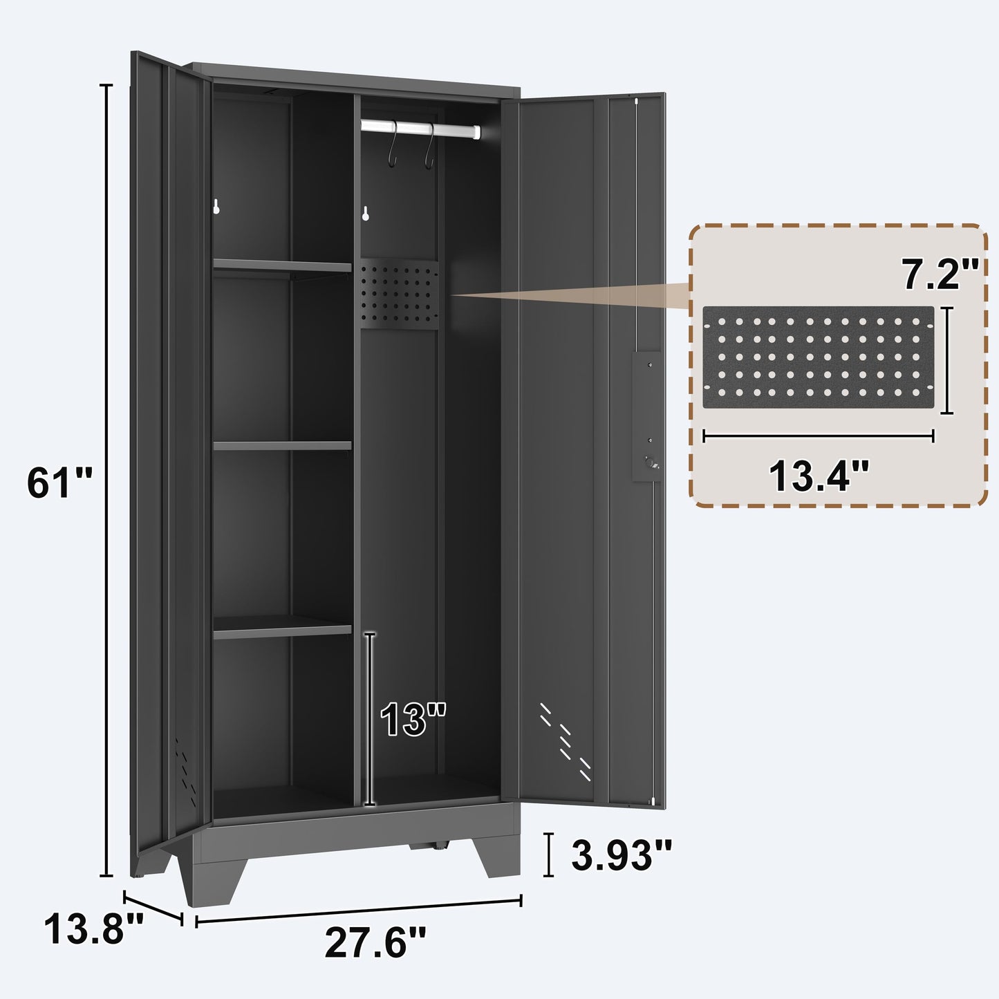 OSKEBABO Broom Closet Storage Cabinet, Garage Storage Cabinet with Pegboard & Hanging Rod, Tool Organizer Steel Lockers for Garage, Laundry Room, Home Office, 61" Hx 27.7" Wx13.8 D