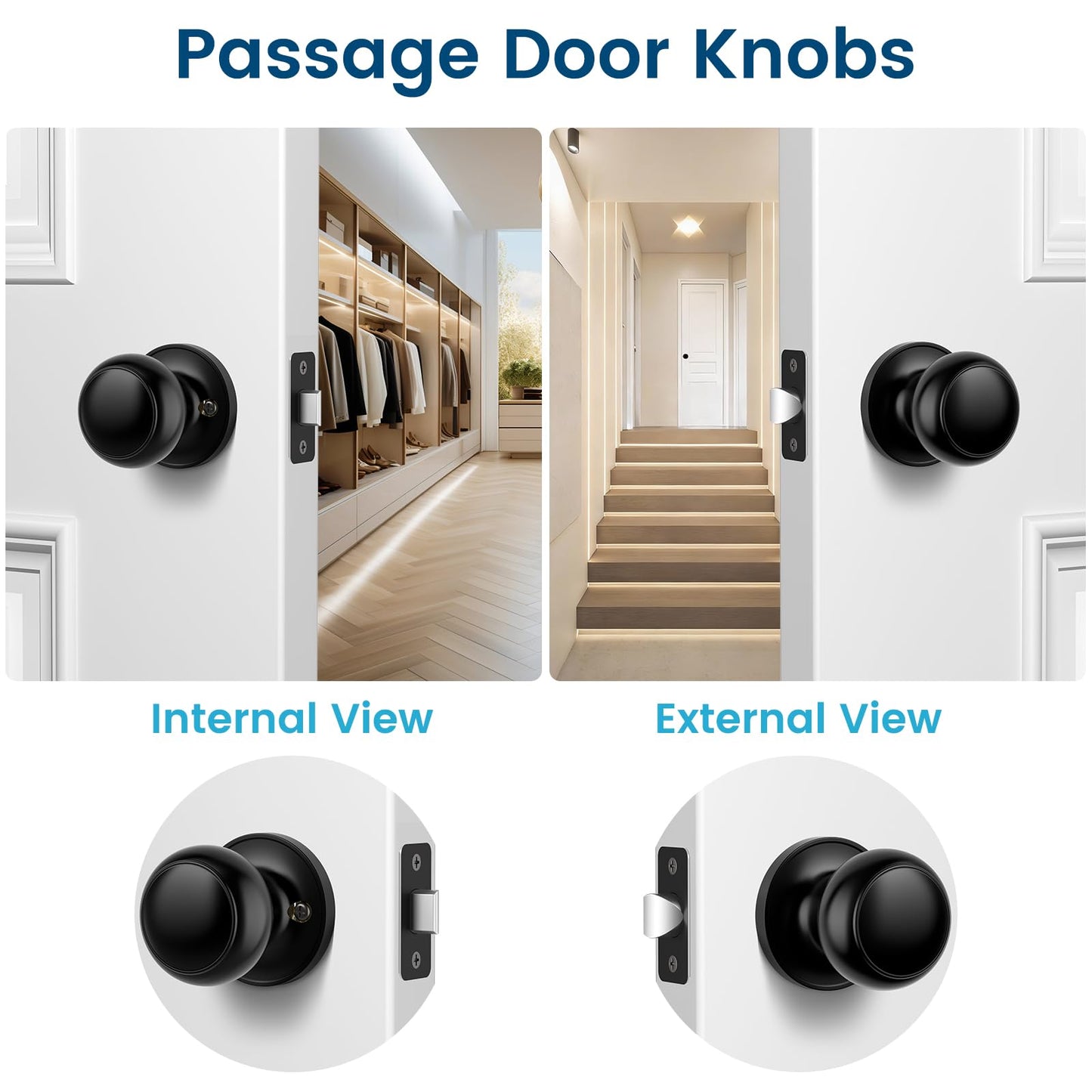 Vesmikit Passage Door Knobs, 5 Pack Matte Black Door Knobs, Hallway Closet Non-Locking Interior Doorknobs, Round Door Handles Keyless Reversible for Left/Right Handed Doors