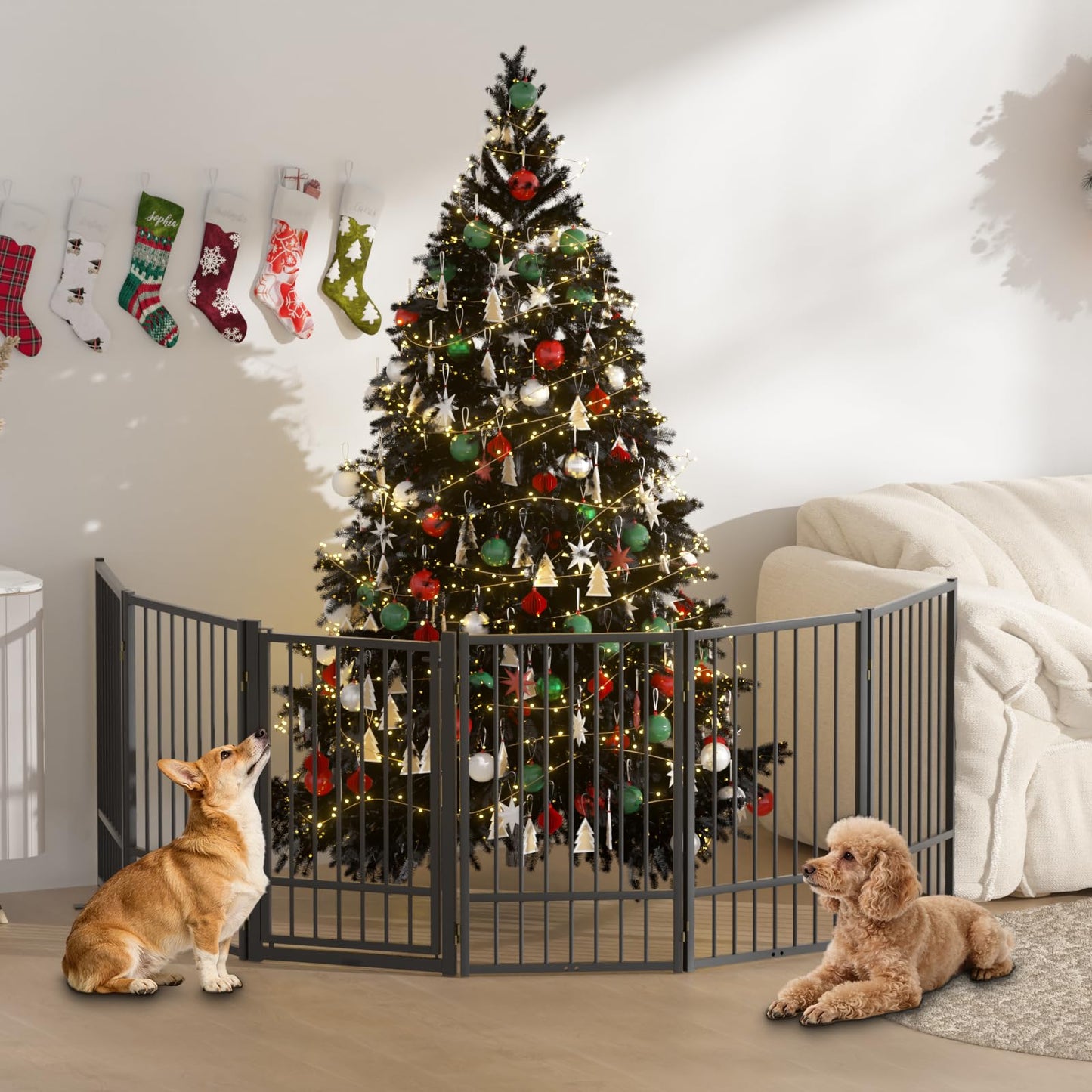 SNUOWU Full Metal Freestanding Dog Gate with Door, 36''Height Foldable Pet Dog Fence for Indoor & Outdoor, 6 Panels Extra Wide Free Standing TallDog Gates for Doorways,House,Stairs,Porch,Deck,Yard