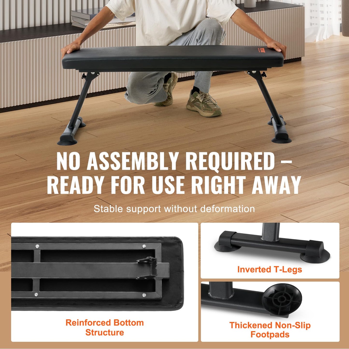 VEVOR Flat Weight Bench, Foldable Strength Training Bench, Utility Workout Bench for Full Body Workout, 1000 LBS Press Bench for Home Gym Exercise, for Multi-Purpose Weight Training and Ab Exercises