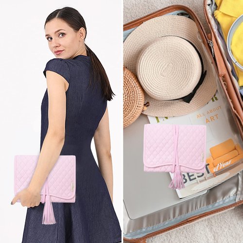 MOSISO Travel Jewelry Organizer Roll Case, Foldable Portable Jewelry Organizer Bag with Tassel for Necklace, Earrings, Rings, Bracelets and Daily Jewelries Carrying, Pink