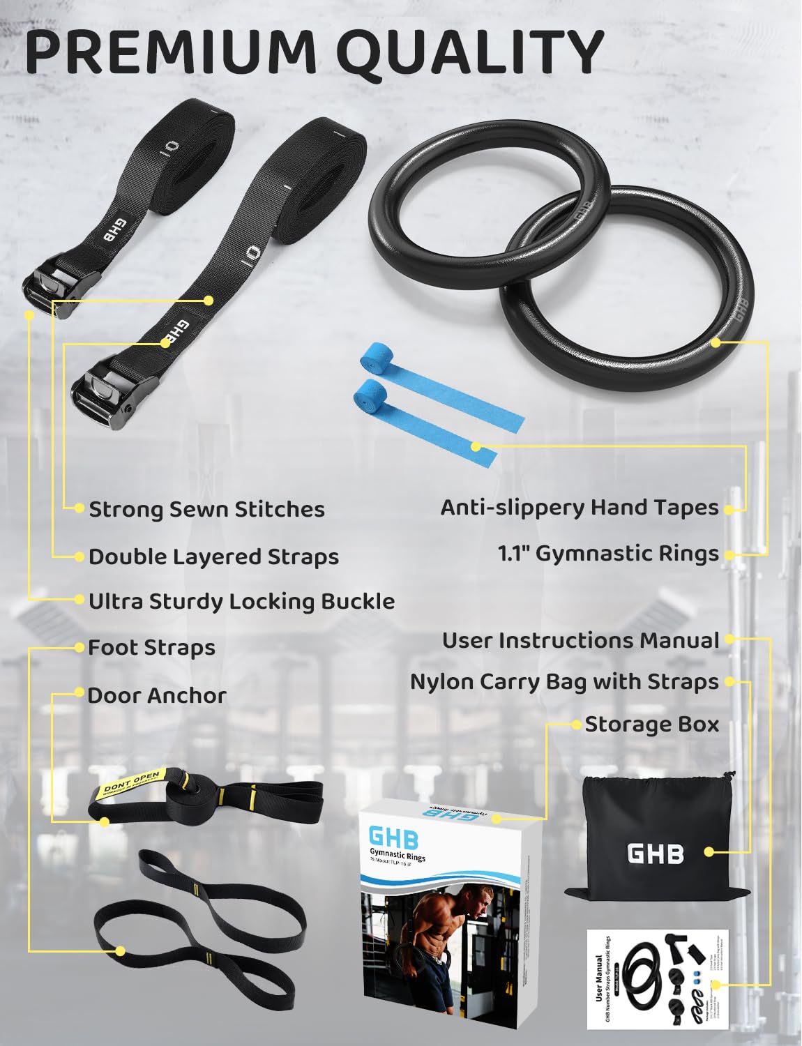 GHB Gymnastic Rings Gym Rings 1.1" Olympic Rings Adjustable Straps Pull Up Rings Sets for Workout Bodyweight Fitness Training