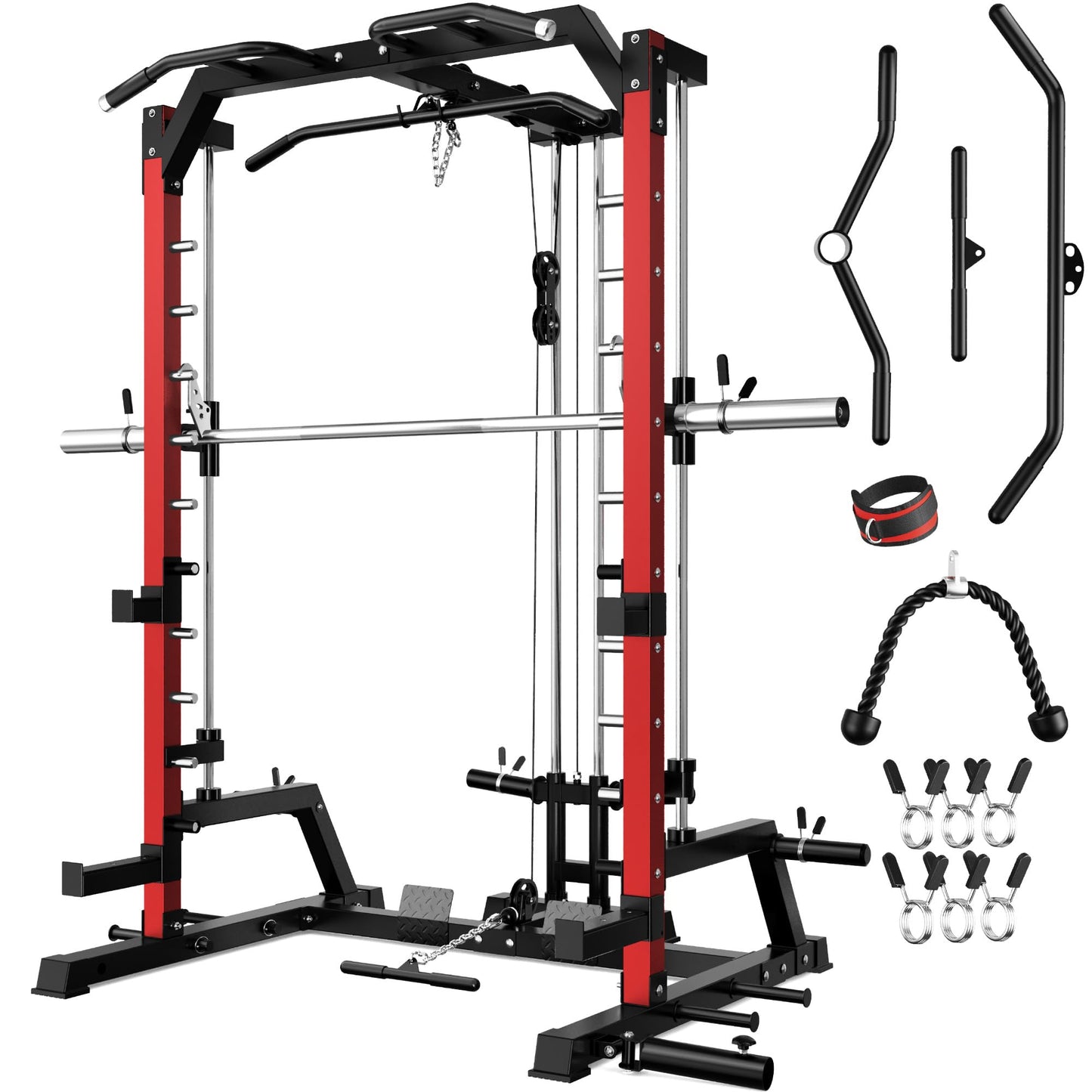 JELENS SR01 Smith Machine, 2000LBS Multi-Function Power Cage with LAT Pulldown System, All-in-One Home Gym Squat Rack with Smith Bar and Training Attachments (Red, SR01 Smith Machine)