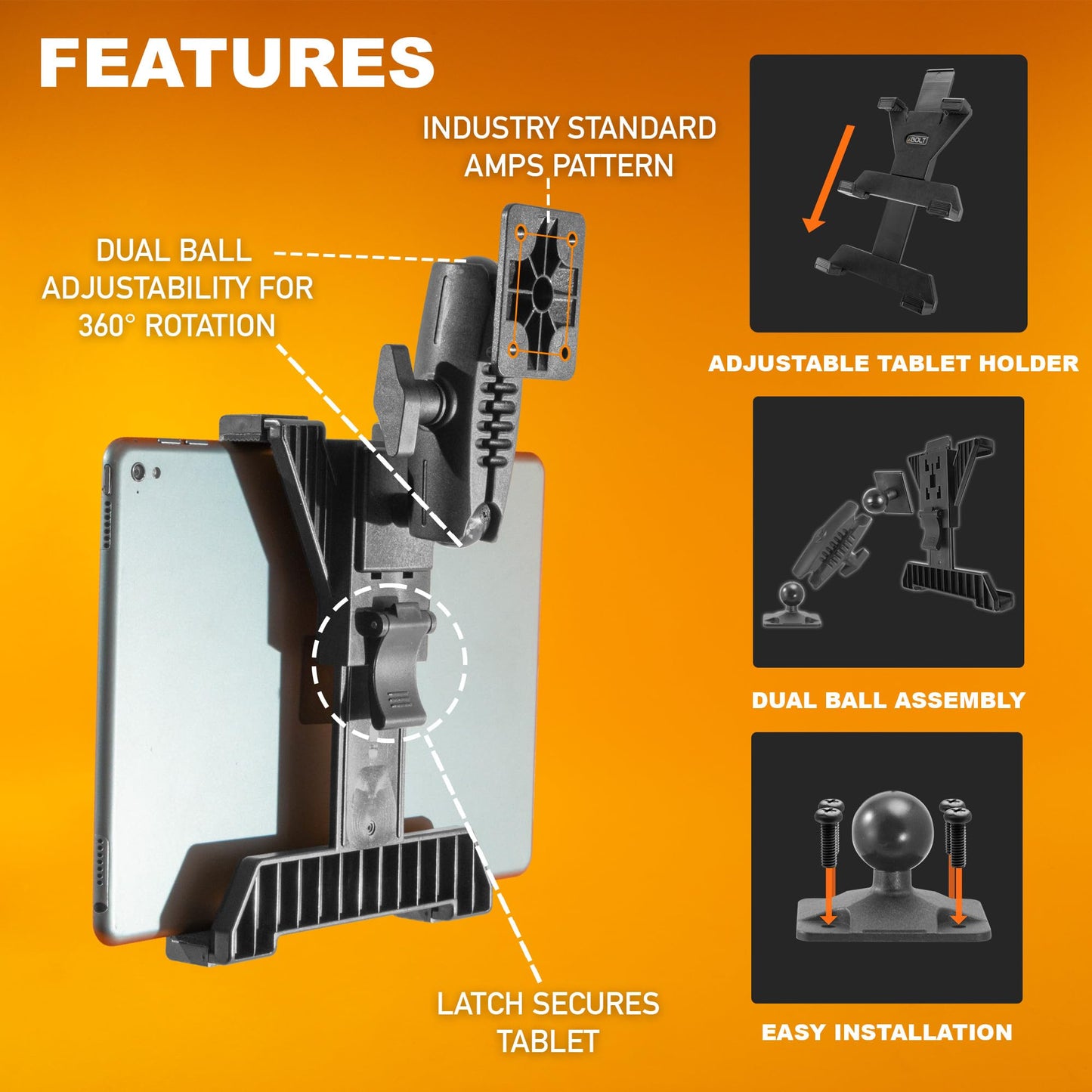 iBOLT TabDock Bizmount AMPs - Heavy Duty Drill Base Tablet Holder/Mount for All 7" - 11" Tablets- Great for Commercial Vehicles, Trucks, and Wall Mounting- Features 1 inch / 25mm Ball Joint