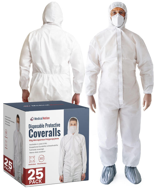 Medical Nation Hazmat Suits Disposable | 25 Pack | Protective Coveralls with Attached Hood and Boots | Heavy Duty Full Body Painters Suit for Adults - Breathable & Water Resistant | Extra Large