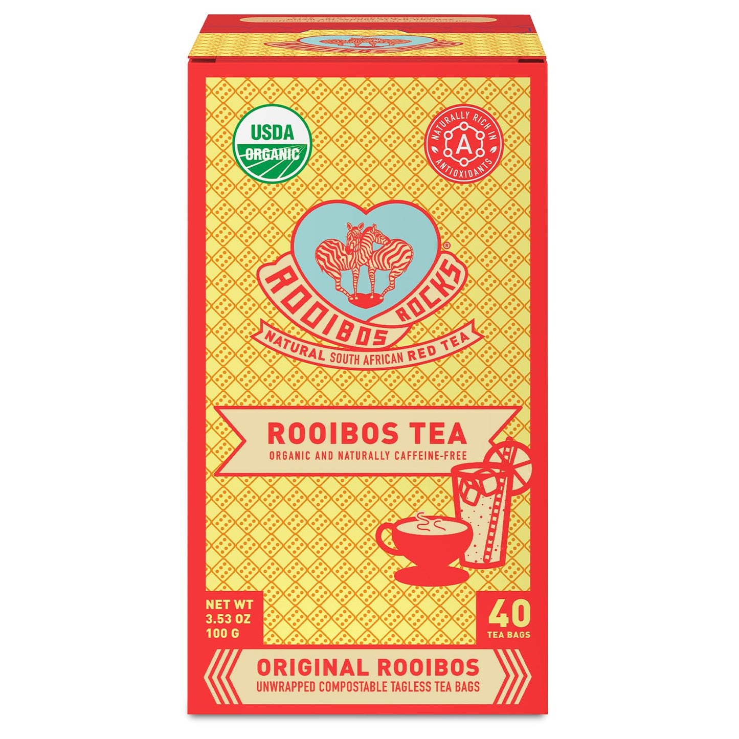 Caffeine Free Red Rooibos Tea Bags 40 - Naturally Sweet Herbal Tea Safe for Children and Pregnant Women - Low Tannin, Premium Organic Rooibos Tea Sustainably and Ethically Farmed in South Africa