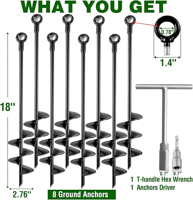 Ground Anchors Heavy Duty, Swing Set Anchor Kit 18 Inch 8 Pack Screw in Earth Anchors Trampoline Stakes High Wind Metal Auger Anchor for Shed Tent Carports Securing Animals Camping Mobile Home