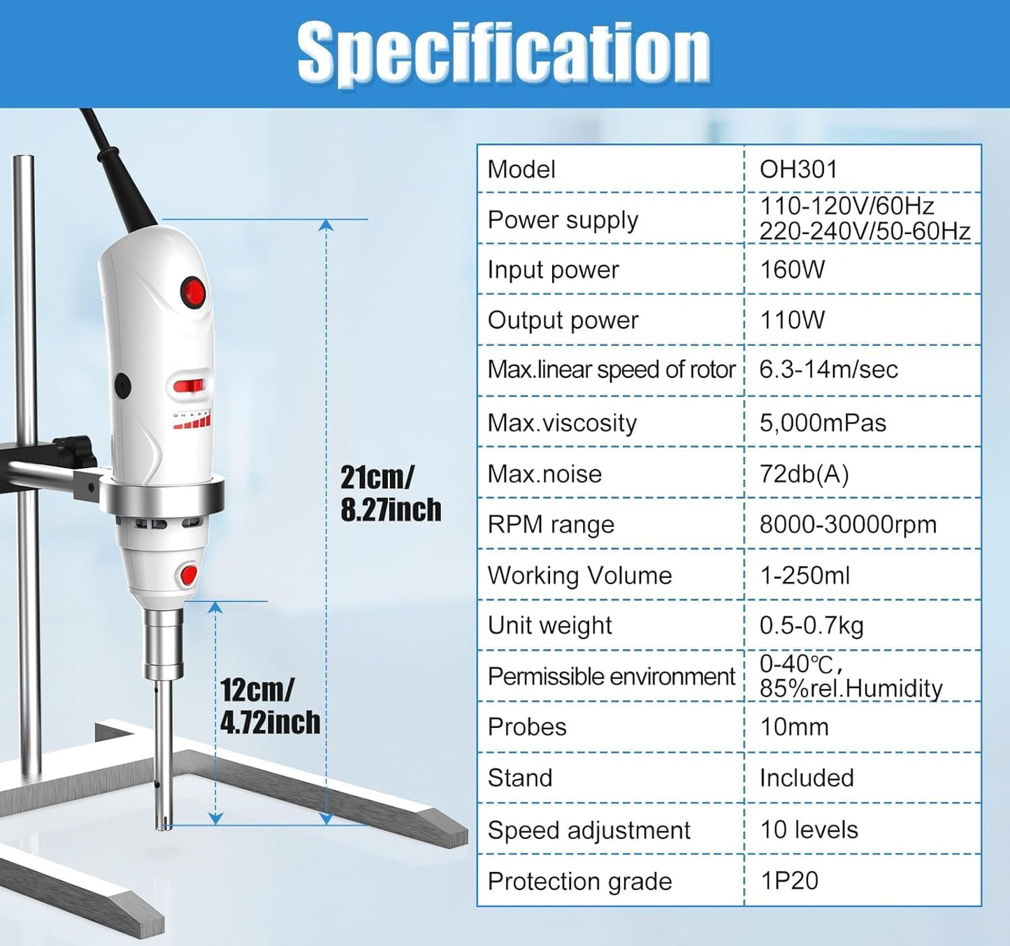 FOUR E'S SCIENTIFIC Lab Homogenizer 8000-30000rpm with Stand, High-Speed Handheld Homogenizer Emulsifier with a 10mm 316L Stainless Steel Probe 1mL-250mL