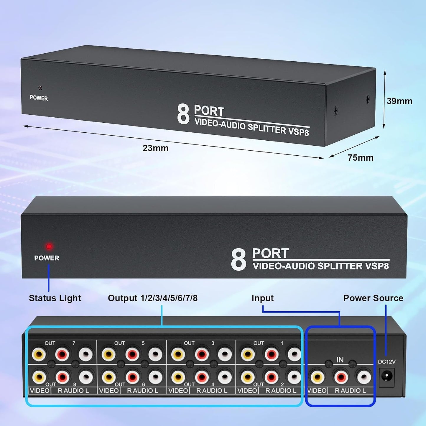 LUKFOCAB 8 3 1 8 8 Way RCA Splitter Box in Out, Powered Way AV Composite Video Audio Distribution Duplicator