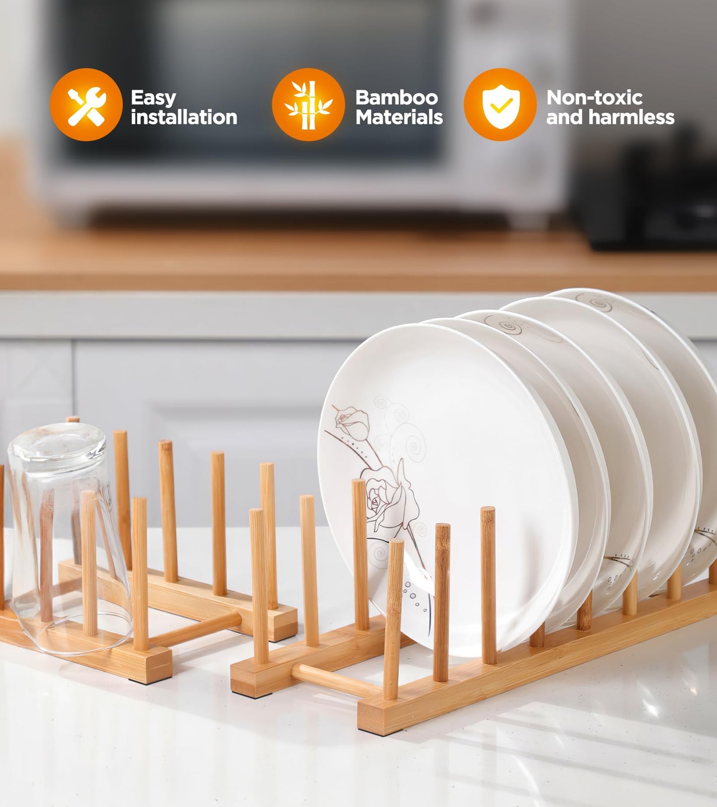 RISHTEN Bamboo Dish Drying Rack, 2 Pack Wooden Storage Holder Organizer for Plate/Bowl/Cup/Book/Pot/Lid/Cutting Board Drying Rack Stand Holder