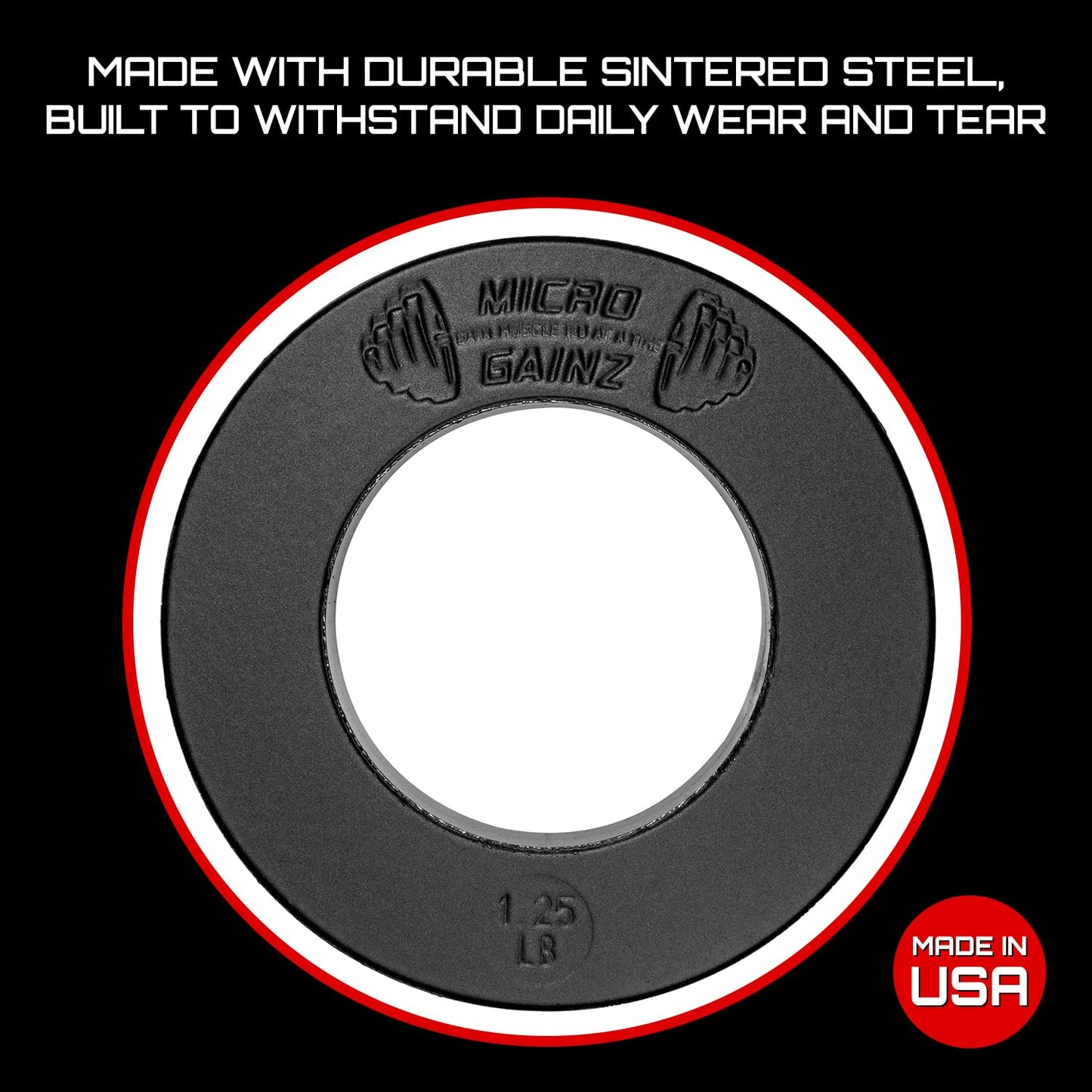 Micro Gainz Calibrated Fractional Weight Plate Set of 2 Plates, Choose Set (.25LB-1.25LB), Designed for Olympic Barbells for Strength Training & Micro Loading Bar Weights, Made in USA (1.25lb Black)