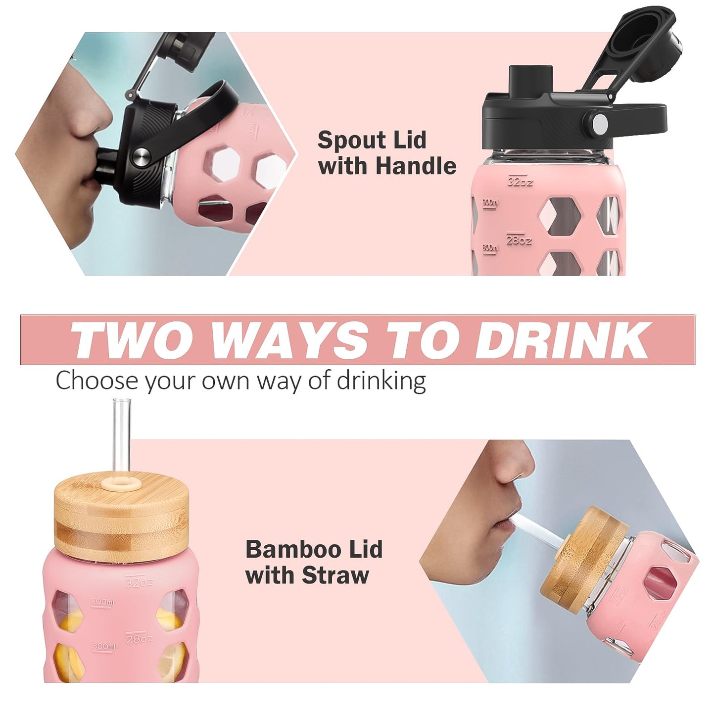 MUKOKO Glass Water Bottles, 32oz Glass Tumbler with Straw, Drinking Bottles with 2 Lids-Handle Spout Lid&Bamboo Straw Lid, Motivational Water Bottle with Time Marker and Silicone Sleeve, 1 Pack-Pink