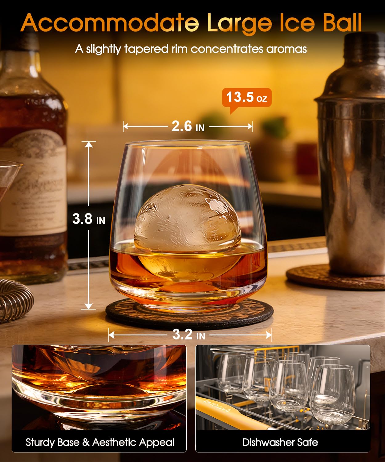 Potdoctor Whiskey Glasses Set of 6, 13.5oz Premium Lead-Free Crystal rocks Glass,Unique Gifts for Men Women, Bourbon Scotch Cocktails Drink Rum Cognac Vodka Liquor