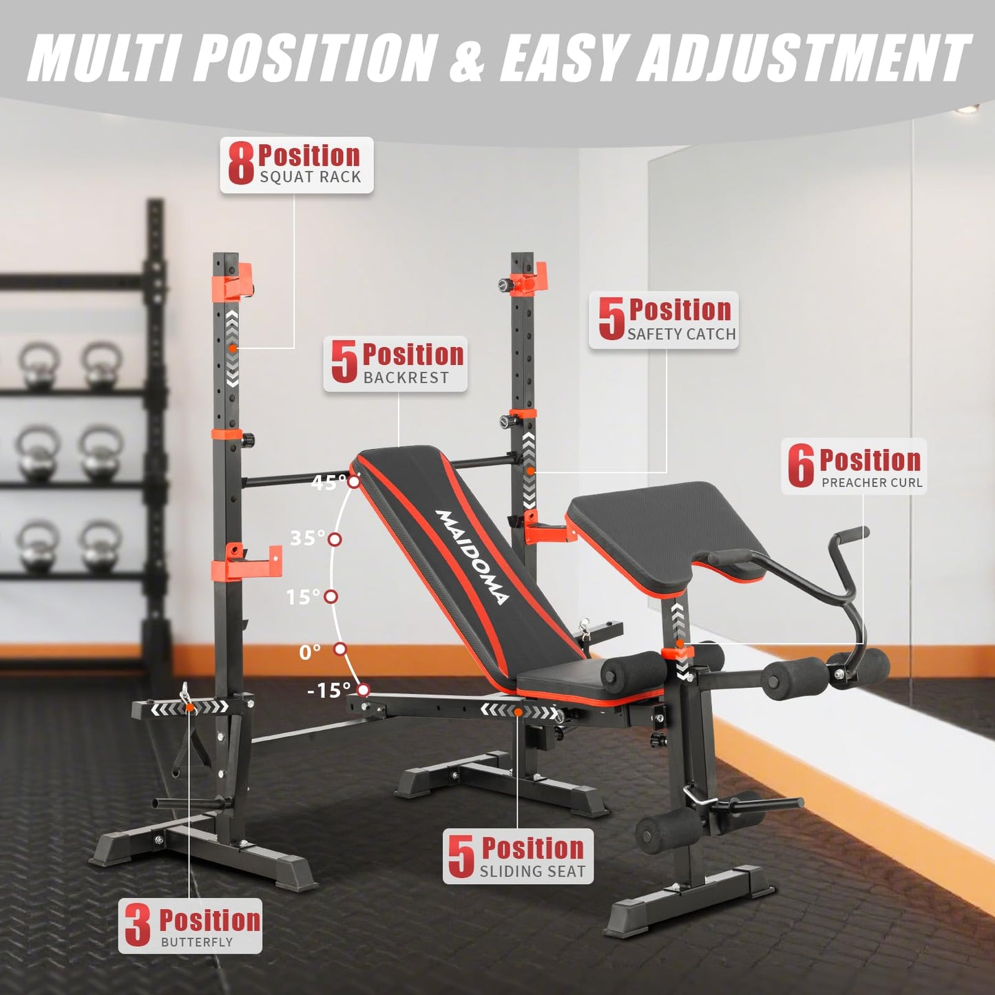 MAIDOMA Weight Bench Set with Leg Extension and Leg Curl, Adjustable Bench Press Set with Squat Rack, Foldable Flat Incline Decline Workout Bench for Home Gym Full Body(US Stock) (Red)