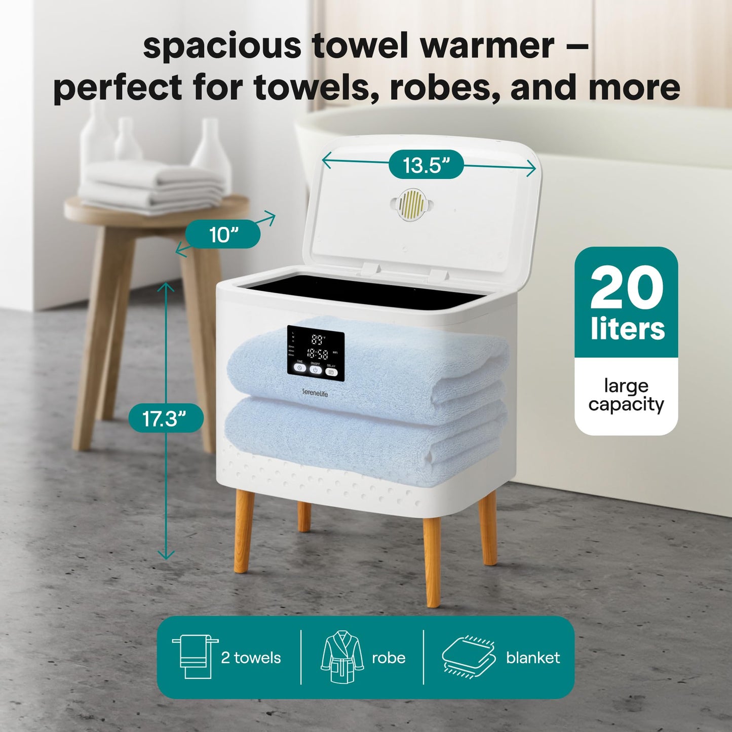 SereneLife WiFi-enabled Towel Warmer Bucket, 20L Large Capacity heater bucket for Towels Blanket and robes, Single-Touch Control, rectangular & Energy-Efficient Design, Auto Shut-Off, White