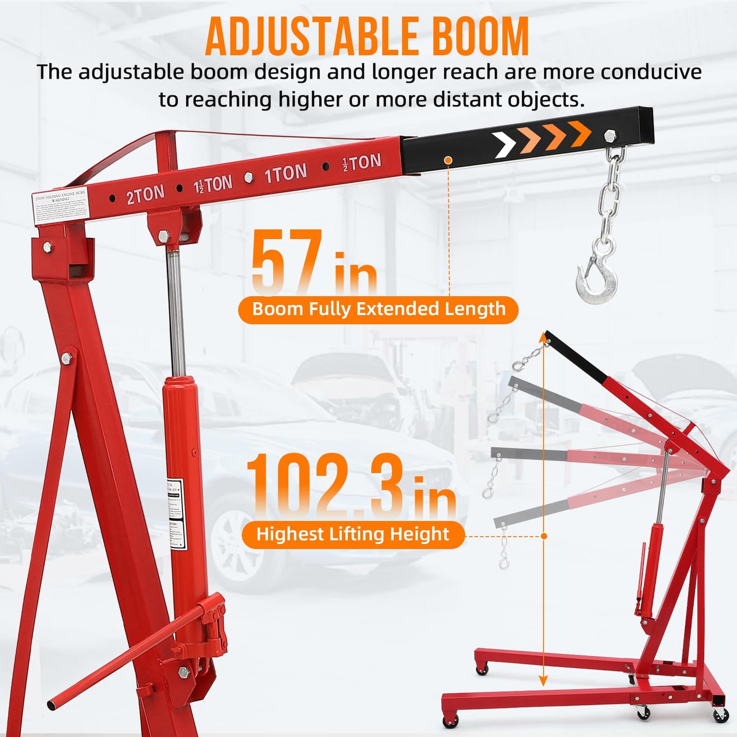 2 Ton Folding Hydraulic Engine Hoist, Folding Engine Shop Crane Hoist Lift, Heavy Cherry Picker with 6 Wheels for Garage, Workshop,Cherry