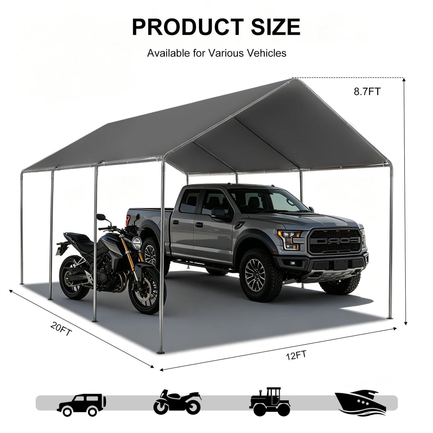 Carport, 12x20 Heavy Duty Portable Garage, Car Port with Storage Shed, Car Canopy Car Tent with Steel Frame All-Season Tarp for Car, Truck, Boat, Party (Grey, 12x20ft)
