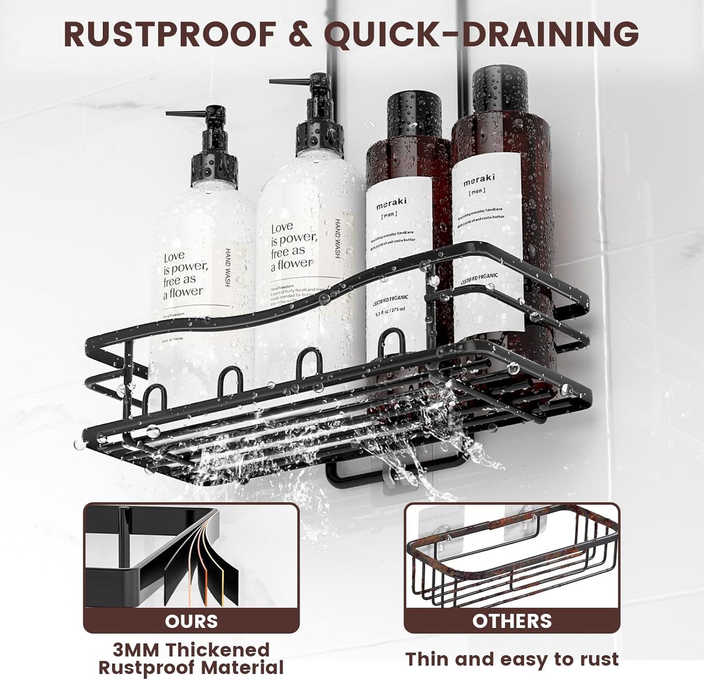 Reinhardt Rustproof Shower Caddy - Anti-Swing Organizer with Soap Holder & Hooks | Black