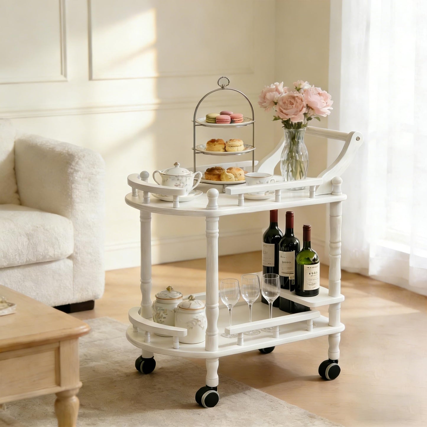 Wiz Conal Entertainment Kitchen Cart, Midcentury Modern Imported rubberwood White Finished Wood 2-Tier Mobile Bar Cart Serving Cart