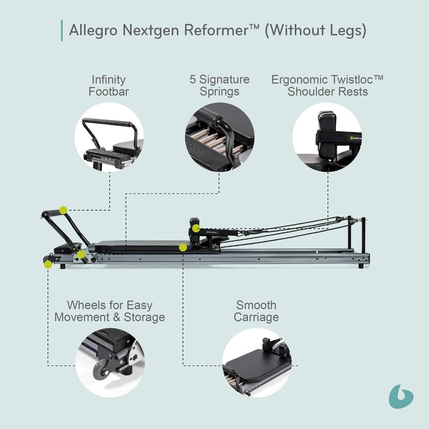 Balanced Body Allegro Nextgen Reformer Standard No Legs, Pilates Equipment for Home and Studio Workouts