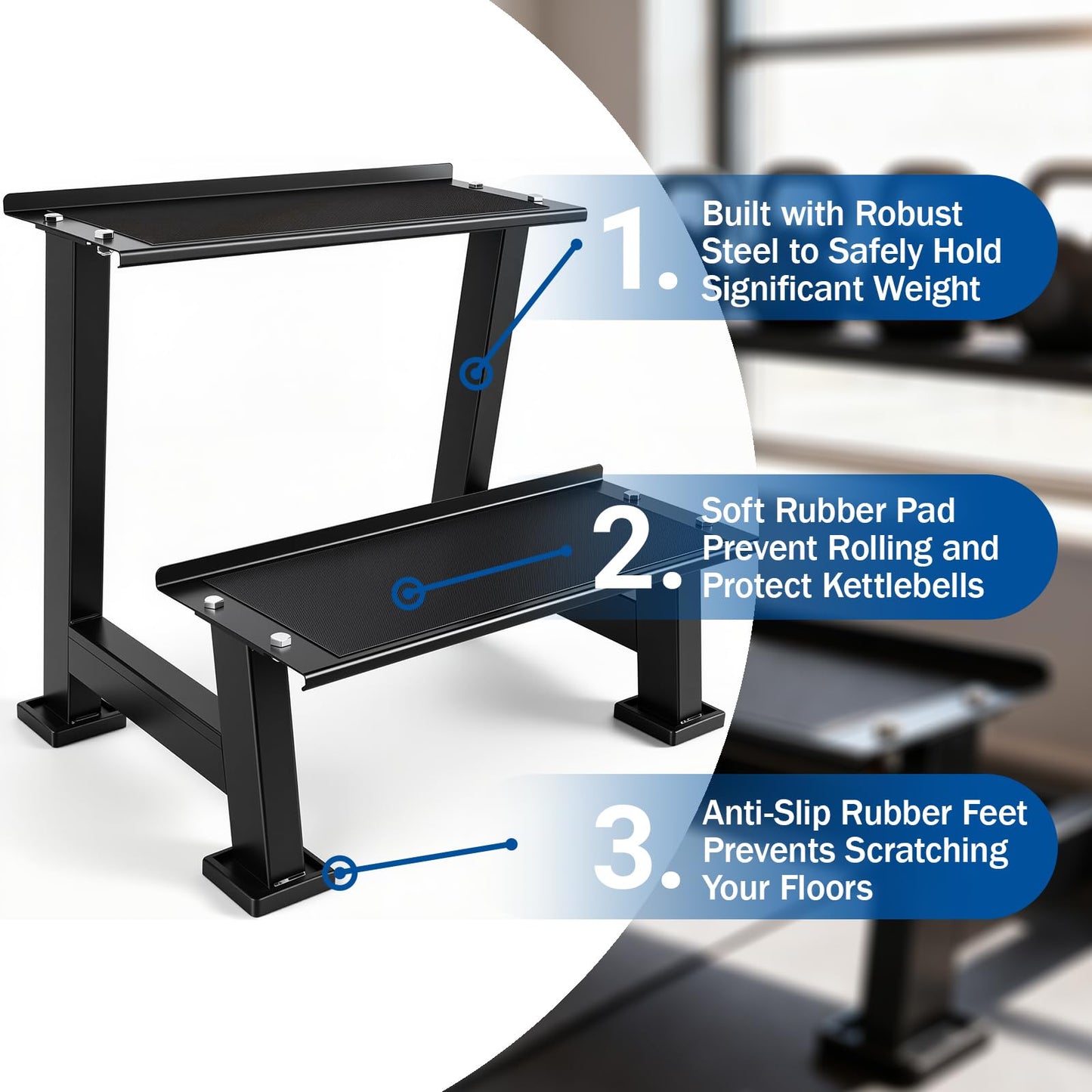 AUXHDK Kettlebell Storage Rack with Anti-Slip Pads, 2-Tier Weight Racks, Kettlebell Stand, Dumbbell and Kettlebell Rack for Home Gym Use