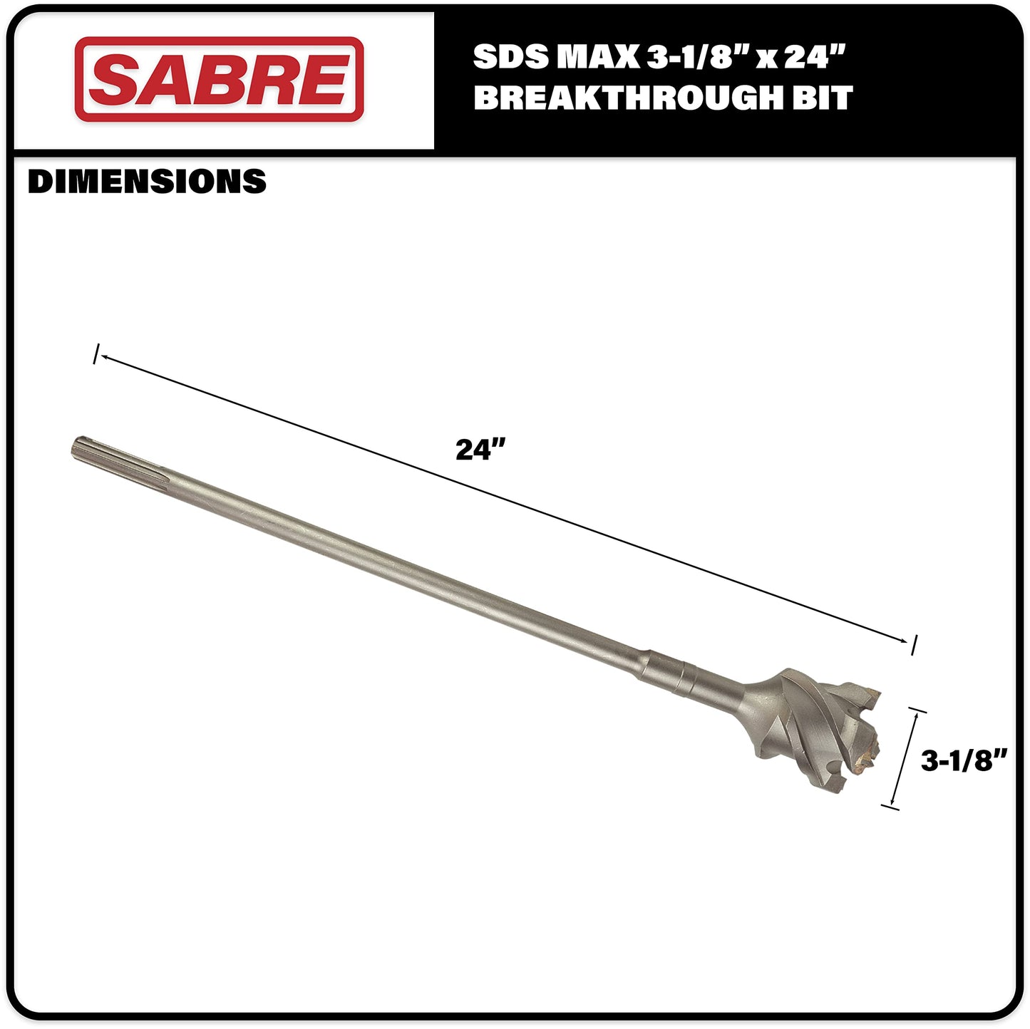 Sabre Tools 3-1/8 in x 20 in x 24 in SDS MAX Breakthrough Bit, Thru Hole Bit Carbide Tipped, Multi-Cutting Head for Concrete, Brick, Stone