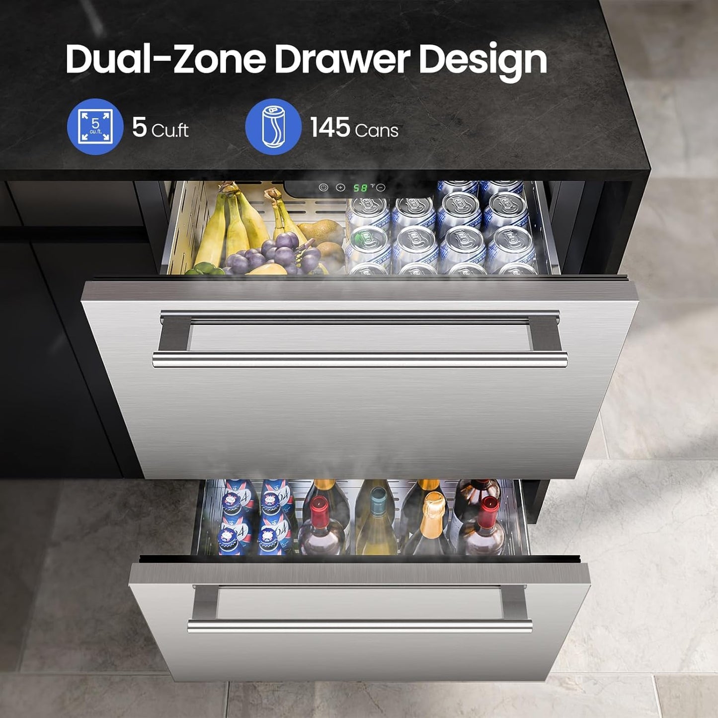 Electactic Under Counter Refrigerator, 24 Inch Double Drawer Beverage Fridge, Built-in Outdoor Beverage Cooler for Soda Drink & Beer, 145 Cans for Kitchen & Commercial, Stainless steel
