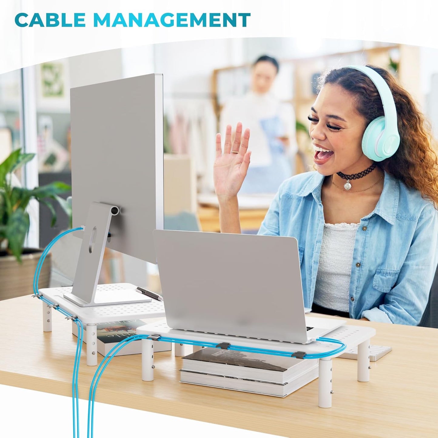 2 Pack 14.5 9.1, BONTEC Monitor Stand Height Adjustable Metal Riser with Pen Holder, White, x Ergonomic Desktop Stand