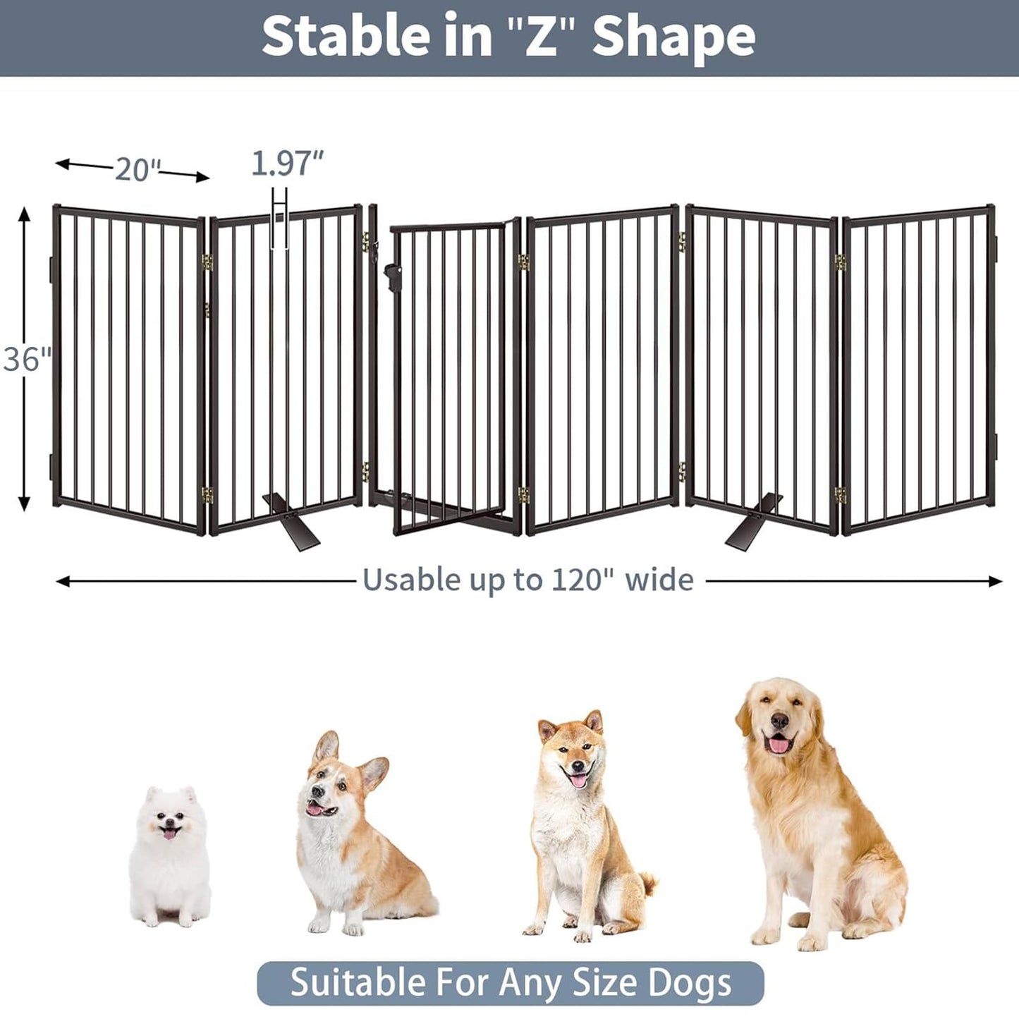 Metal Freestanding Dog Gates with Door for Outdoor Indoor,120'' Extra Wide 36'' Tall Free Standing Dog Gate for Doorways,Large Openings,Deck,Yard,Porch,Foldable Safety Pet Fence(Black,6 Panels)