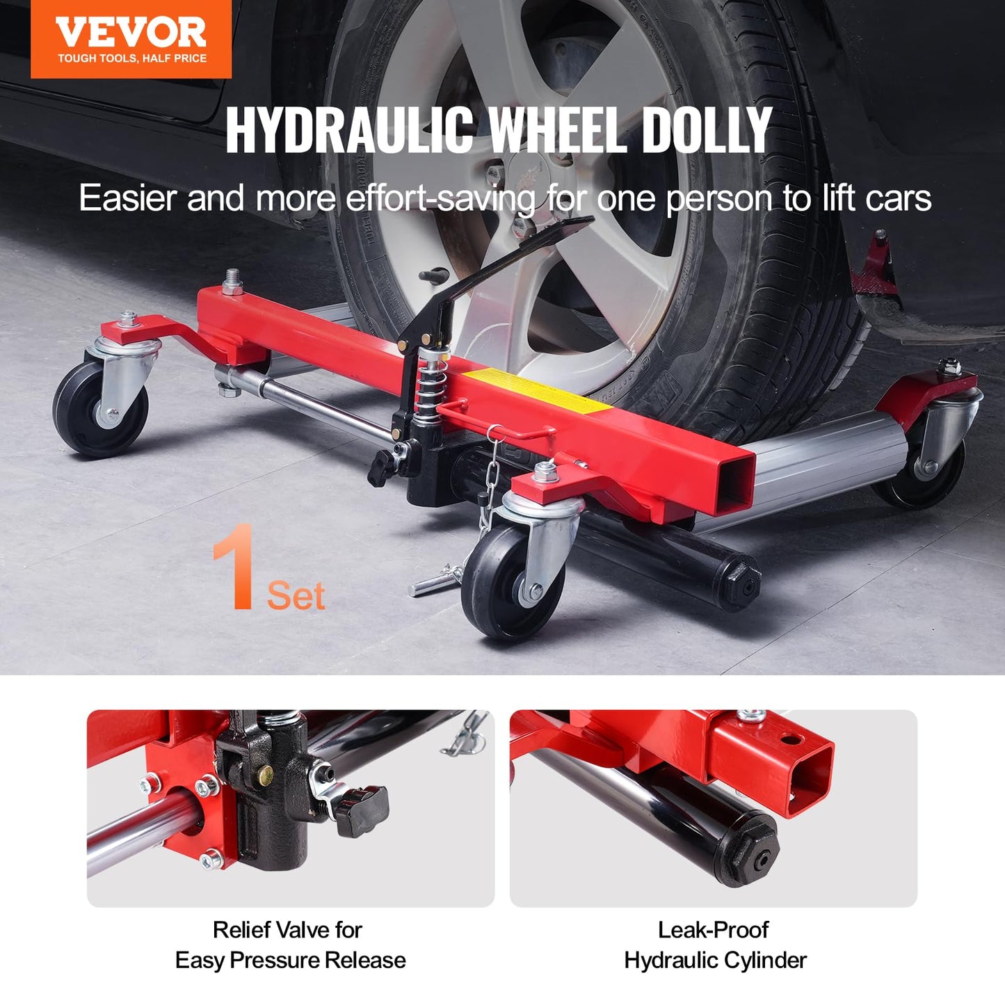 VEVOR Wheel Dolly - Max Capacity 1500 Lbs, Car Jack Dolly Lifter with 360 Rotatable Wheels, Heavy Duty Vehicle Positioning Hydraulic Tire Jack, for Vehicle Repair and Moving
