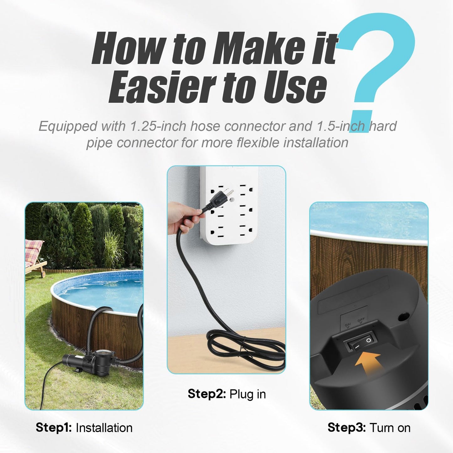 DoE-Compliant CEC approved 1.5HP 115v 4920GPH Above Ground Pool Pump with On/Off Switch and Reversible Discharge Port