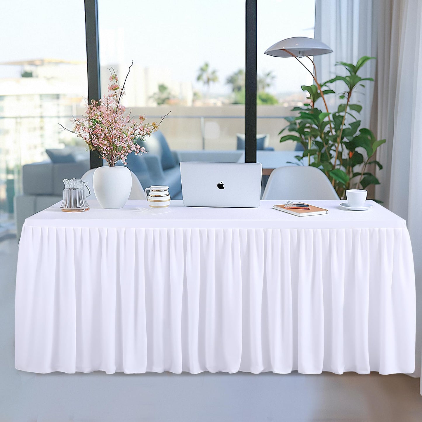Party Talk White Polyester Table Clothes for 4 Foot Rectangle Tables, Wrinkle Free Fitted Table Cover 4ft Stretch Tablecloths with Skirt for Parties Weddings Birthday Banquet Baby Shower