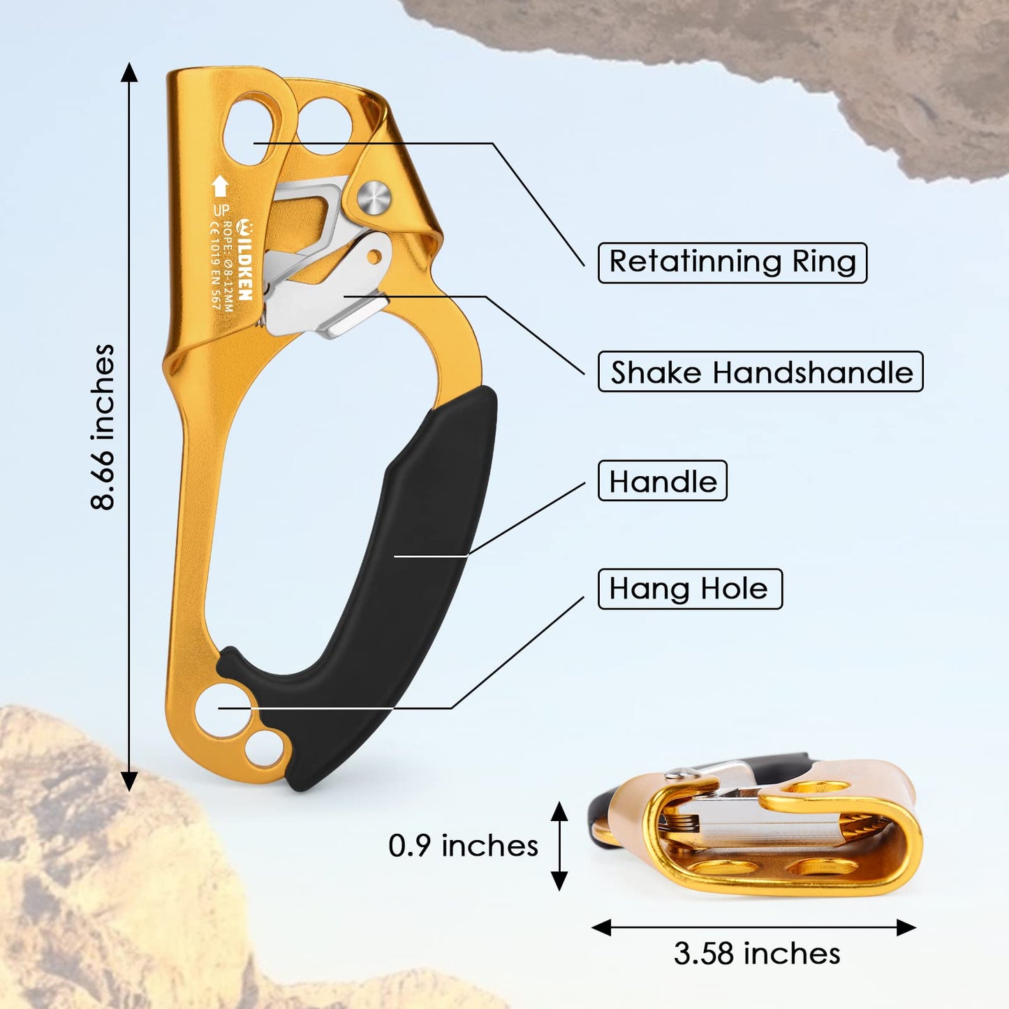 WILDKEN Climbing Hand Ascender Outdoor Mountaineering Tree Arborist Climbing Rappelling Equip Hand Ascender for 8-12MM Rope Left Right Hand Ascender