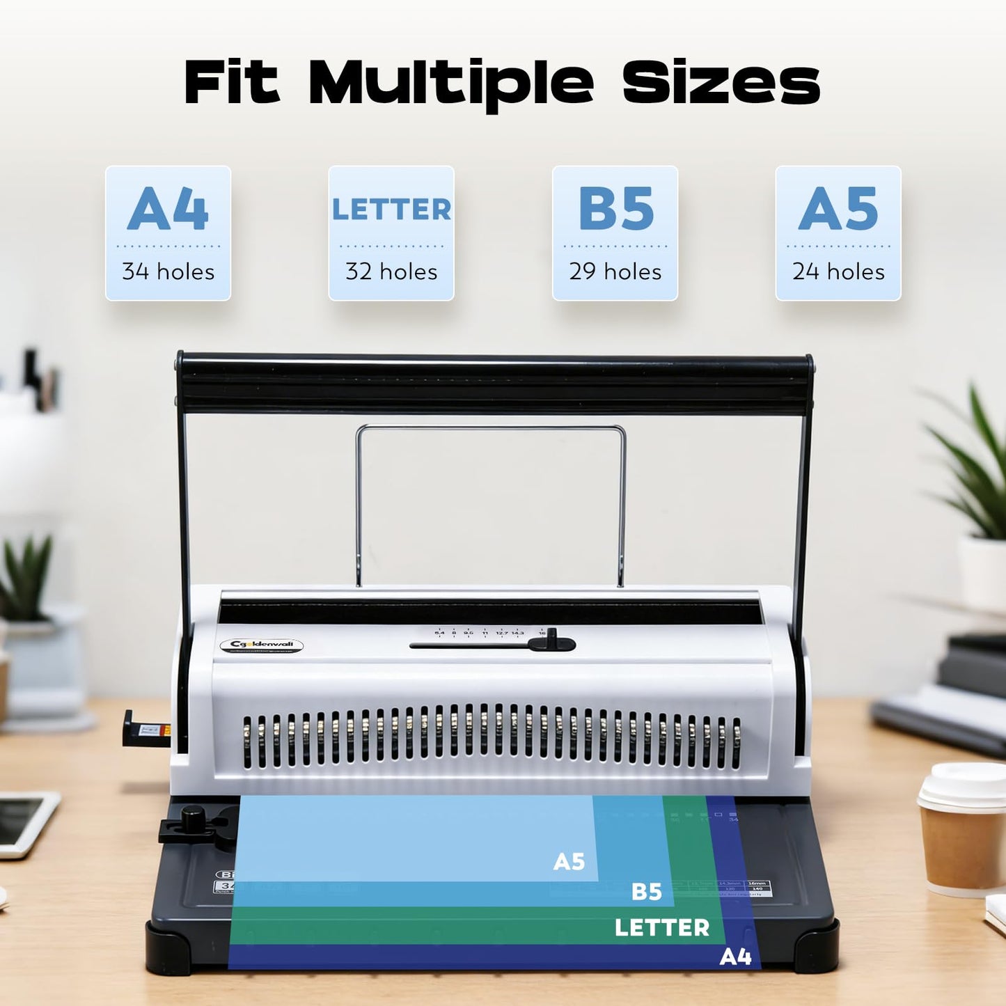 CGOLDENWALL Wire Binding Machine, Wire-O Binder, 3:1 Pitch 34 Holes, with 11 Coils Included, Punch 20 Sheets Bind 140 Sheets, Adjustable Pins Margins (Round Holes)
