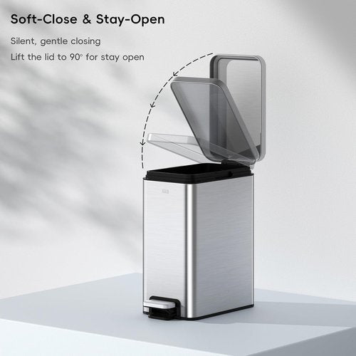 EKO Small Bathroom Trash Can - Soft Close Lid & Step Pedal | 10L Stainless Steel, Anti-Fingerprint Finish