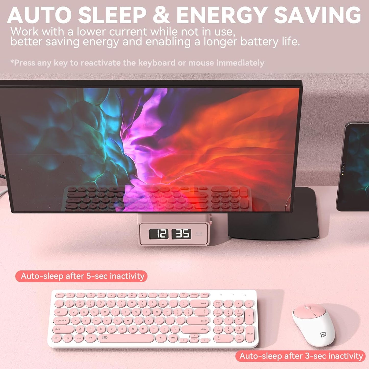 FD iK6630 2.4GHz Set Wireless Keyboard and Mouse Combo - USB Cordless, Cute Round Keys, Quiet and Slim for Laptop
