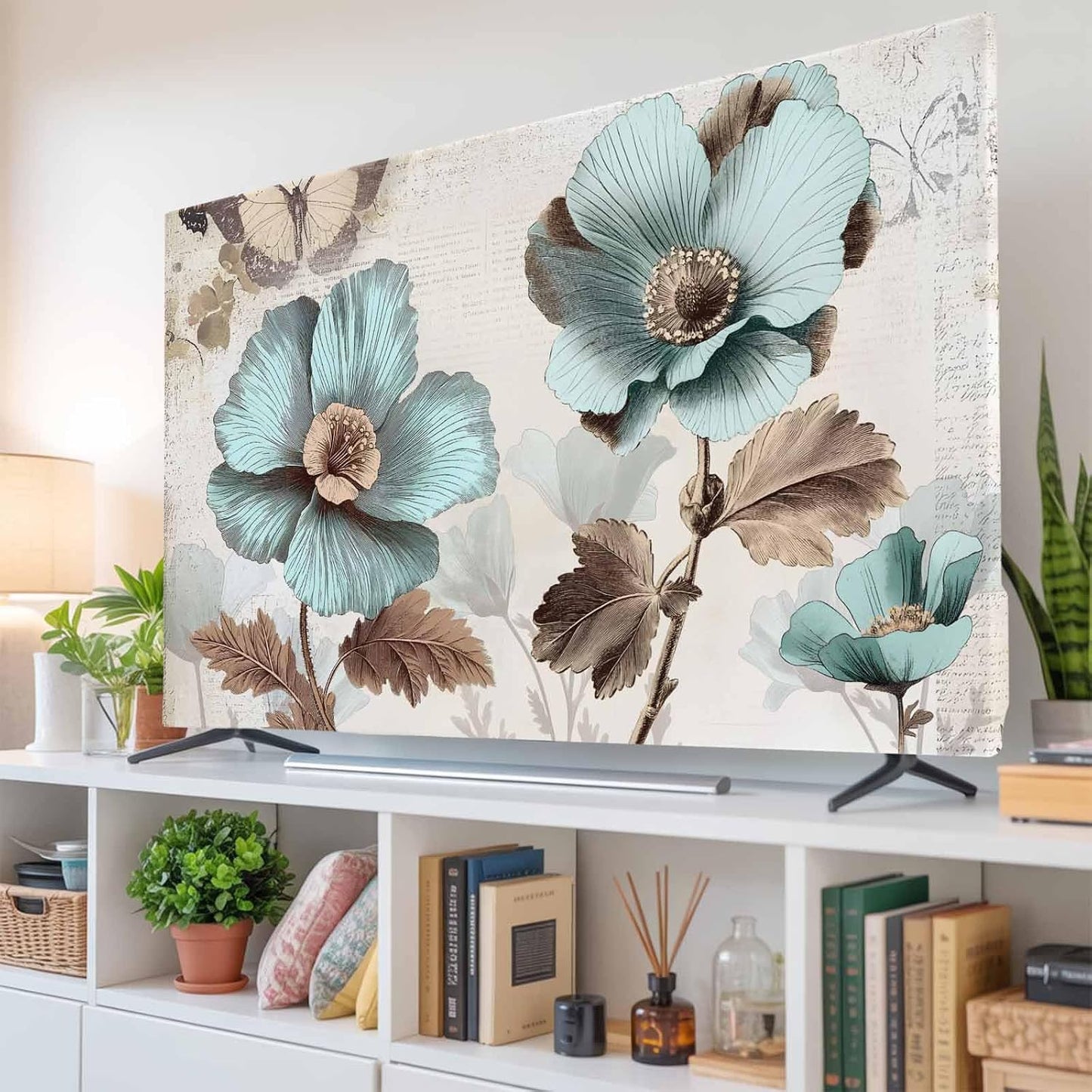 Yukro 40 Inch, 35"x22" Victorian Style Broccoli Butterfly Indoor TV Dust Cover, Blue Flowers Plant Elastic TV Dustproof