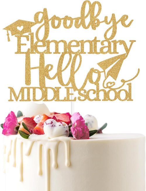 Goodbye Elementary Cake Topper by [Brand Name] - Celebrate 5th Grade Graduation with Gold Glitter Design