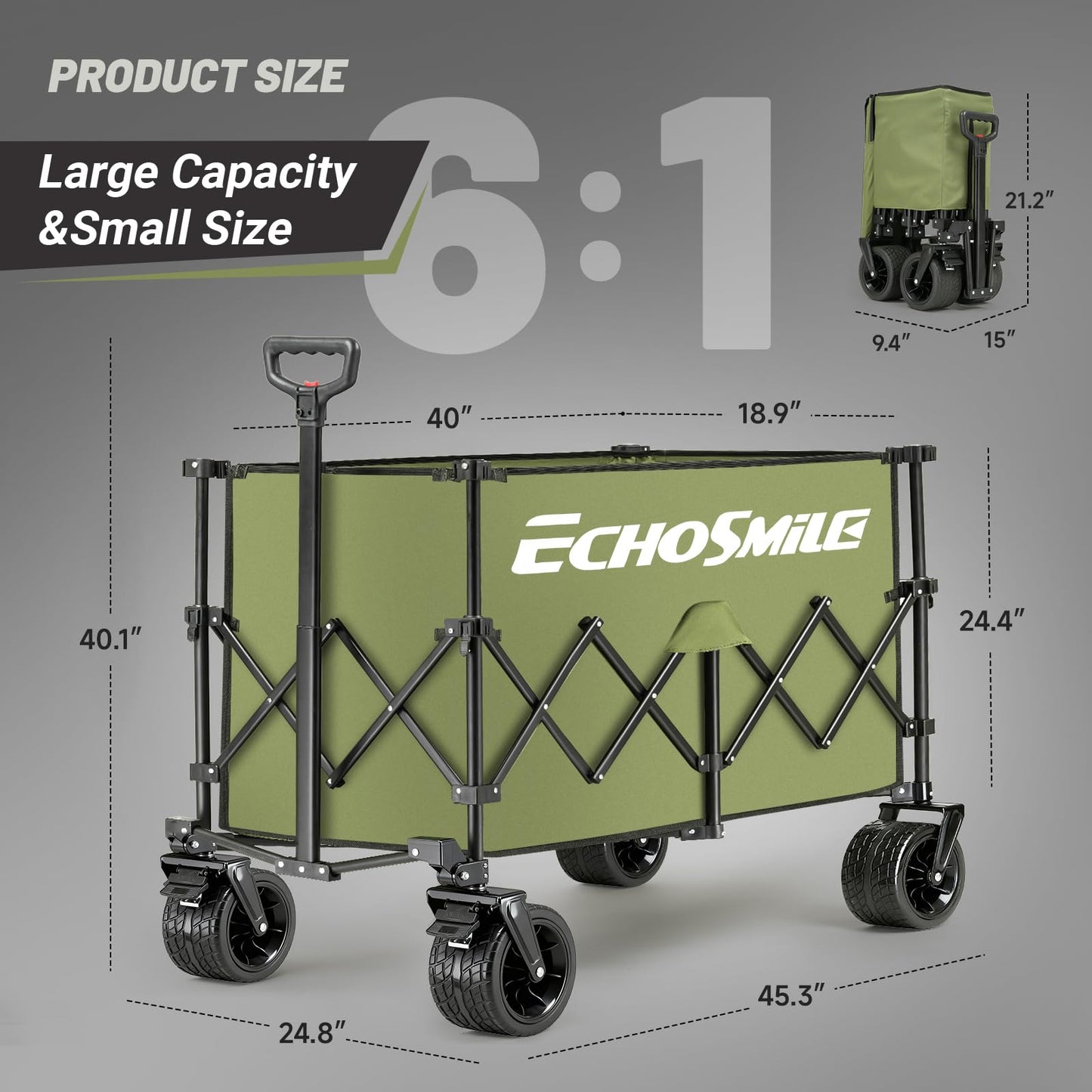 EchoSmile Collapsible Foldable Extended Wagon with 500Lbs Weight Capacity, 300L Folding Utility Wagon Cart with Big All-Terrain Wheels for Beach,Sport,Garden&Grocery (Green)