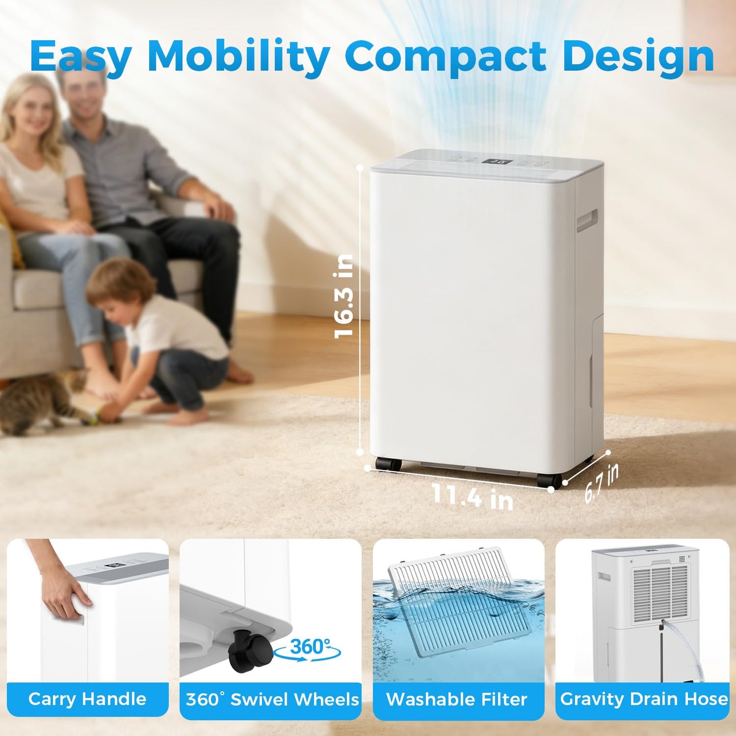 2500 sq.ft Dehumidifier for Home and Basement,Max 34 Pints Dehumidifier with Drain Hose,Ultra Quiet with Auto Defrost,Three Modes,Intelligent Dehumidifier for Bedroom,Bathroom,Large Room(Cream)
