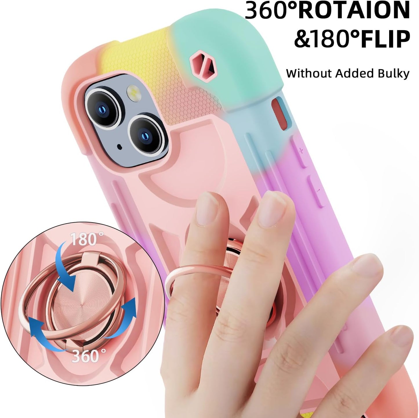 Cookiver 15 6.1" Compatible with iPhone Case - Heavy-Duty Shockproof Military-Grade Rugged Cover with Ring Stand, Glass
